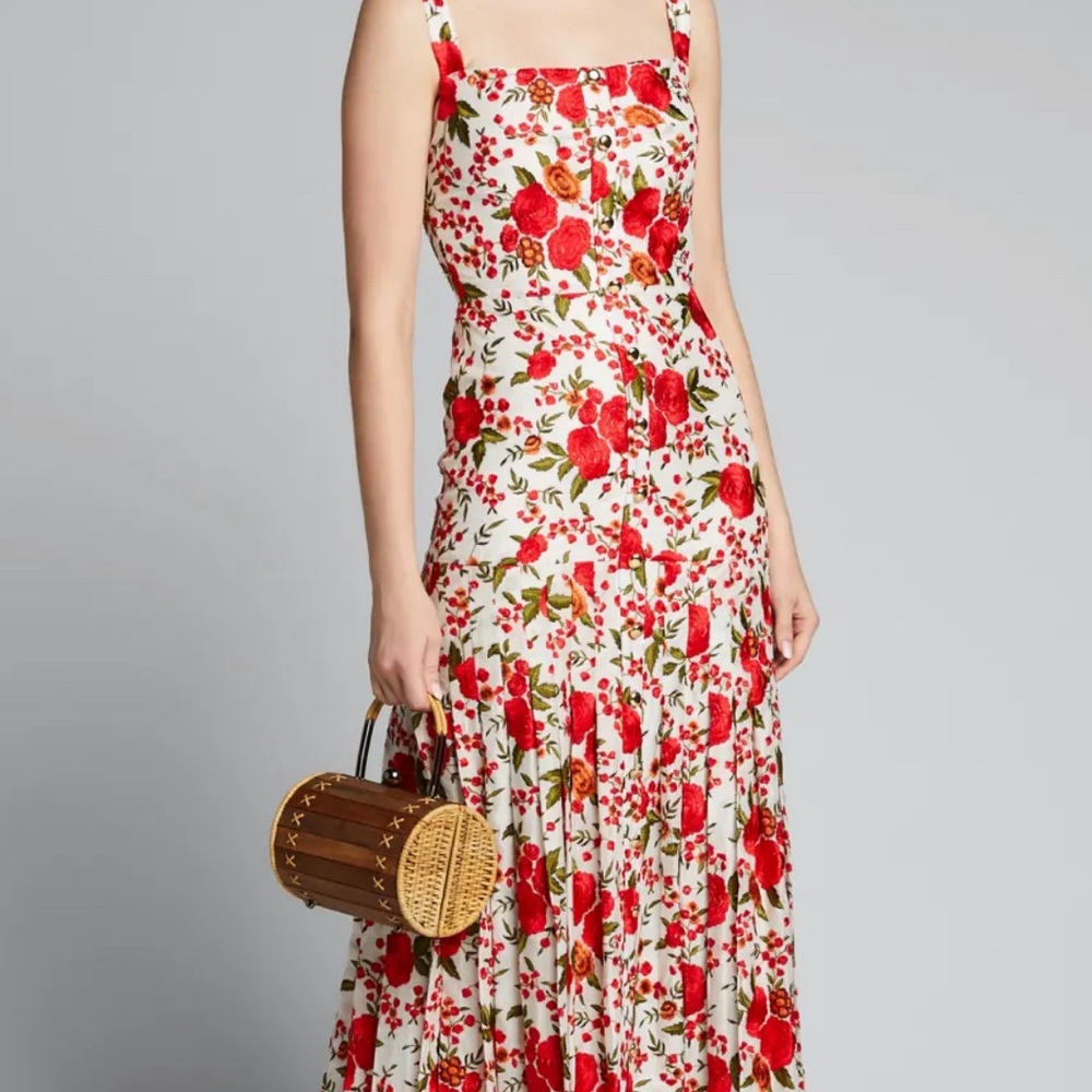 Alexis | Amal Pleated Embroidered Rose-Print Sleeveless Dress Size S